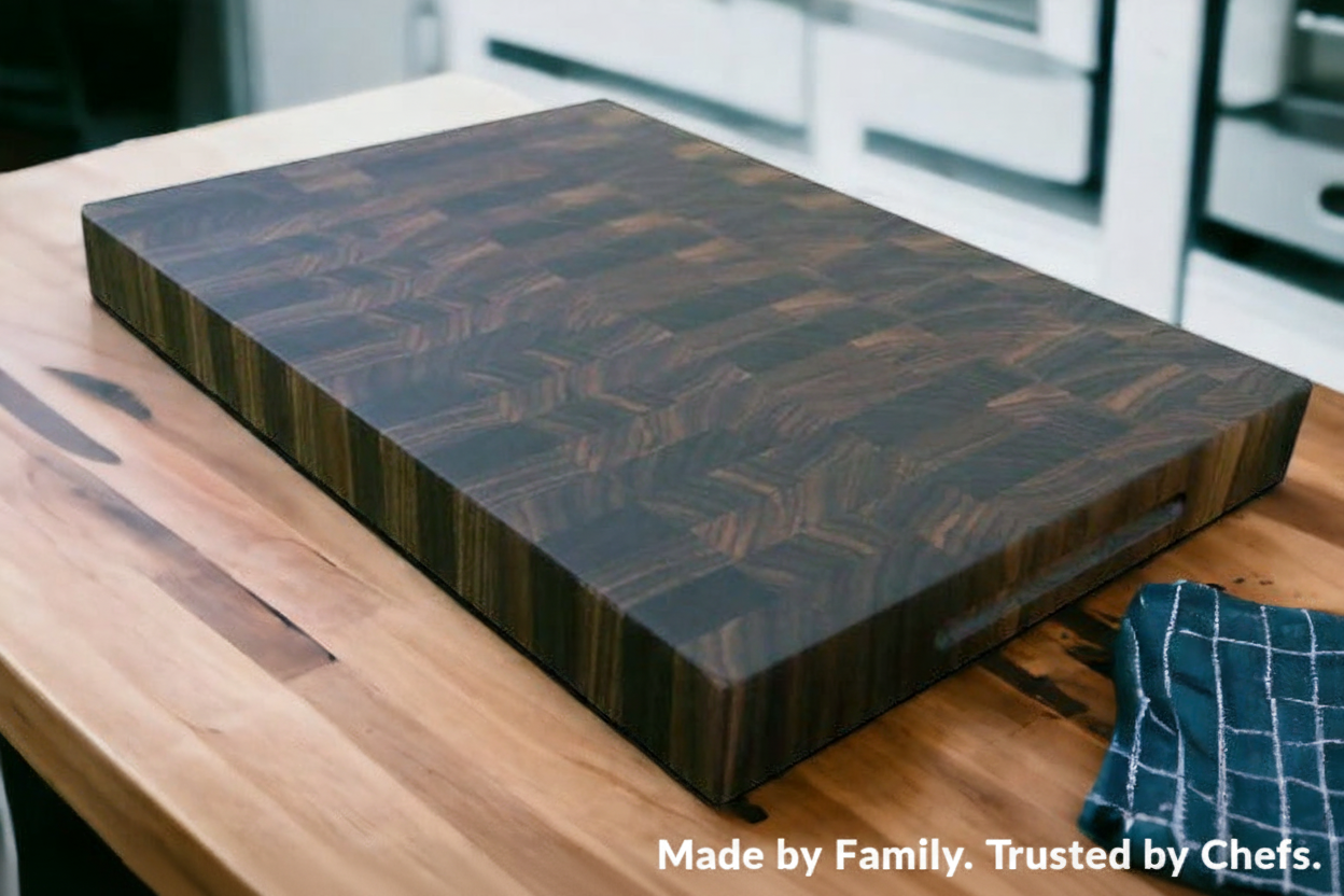 Cutting board with text in image corner